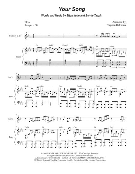 Free Sheet Music Your Song Bb Clarinet Solo And Piano