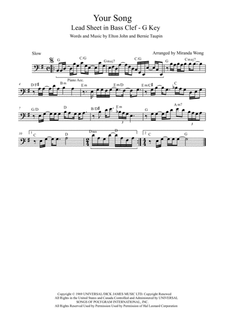 Free Sheet Music Your Song Cello Solo In G Key With Chords