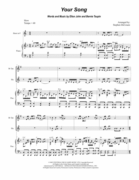 Your Song Duet For Bb Trumpet And French Horn Sheet Music