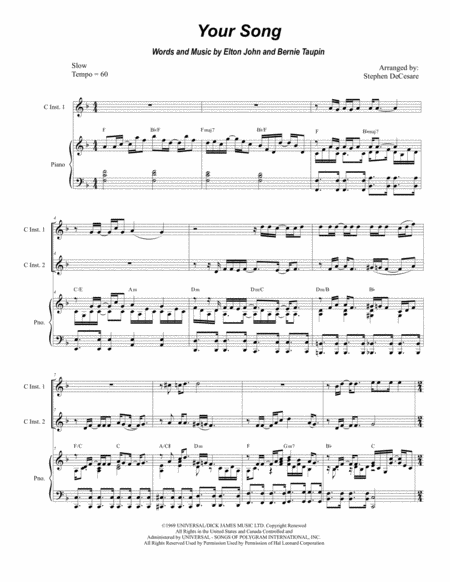 Free Sheet Music Your Song Duet For C Instruments