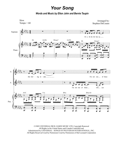 Free Sheet Music Your Song Duet For Soprano And Alto Solo