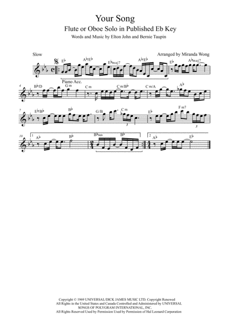 Your Song Flute Or Oboe Solo In Eb With Chords Sheet Music