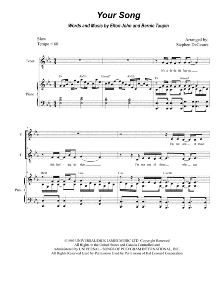 Your Song For 2 Part Choir Soprano And Tenor Sheet Music