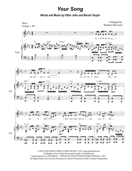 Free Sheet Music Your Song For Vocal Solo High Medium Key