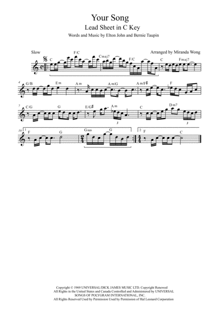 Your Song Lead Sheet In C Key With Chords Sheet Music