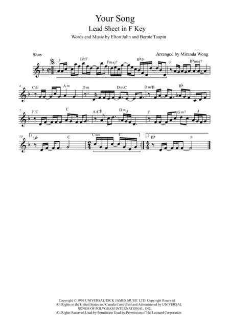 Your Song Lead Sheet In F Key With Chords Sheet Music