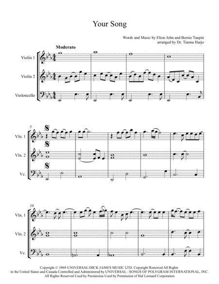 Free Sheet Music Your Song String Trio 2 Violins Cello
