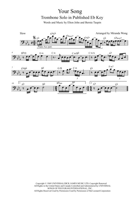 Your Song Trombone Solo Sheet Music