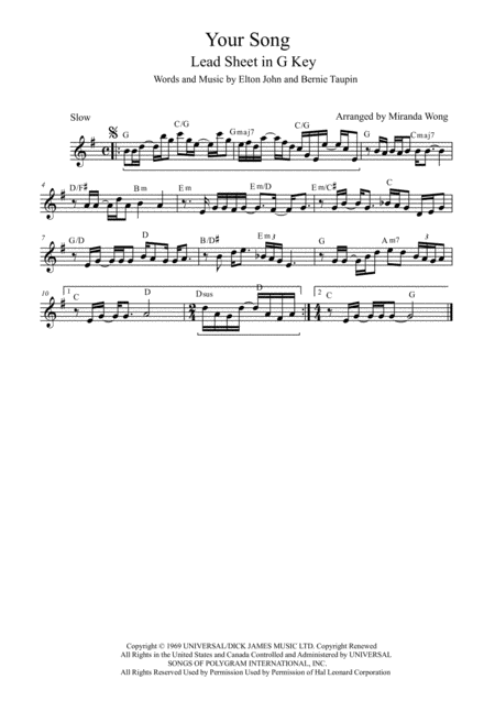 Free Sheet Music Your Song Violin Solo In G Key With Chords