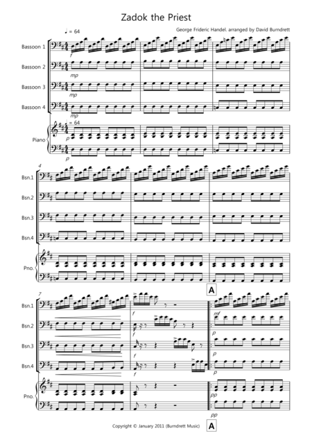 Free Sheet Music Zadok The Priest For Bassoon Quartet