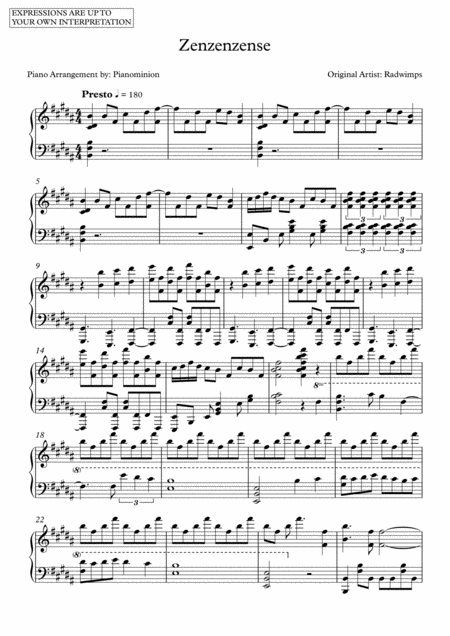 Zenzenzense Piano Cover By Pianominion Sheet Music