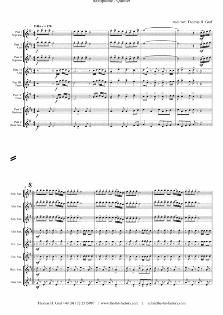 Zillertaler Hochzeitsmarsch Oktober Fest Saxophone Quintet Sheet Music