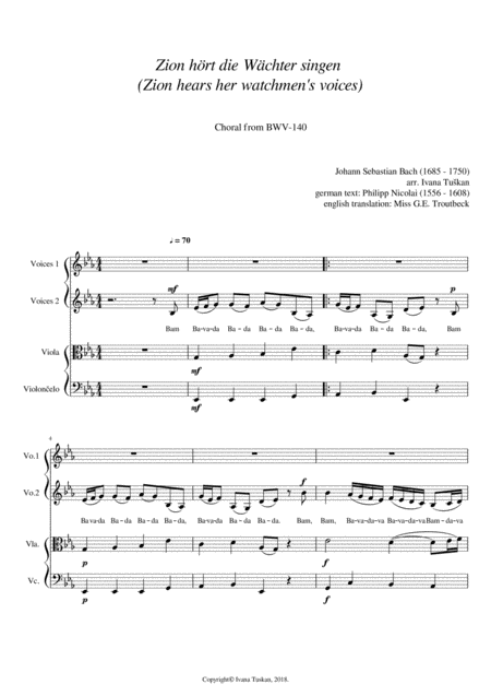 Free Sheet Music Zion Hrt Zion Hears Choral From Bwv 140 Voices 1 2 Viola Cello