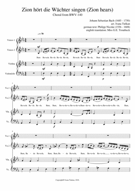 Zion Hrt Zion Hears Choral From Bwv 140 Voices 1 2 Violina Cello Sheet Music