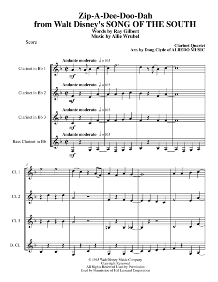 Zip A Dee Doo Dah From Walt Disneys Song Of The South For Clarinet Quartet Sheet Music