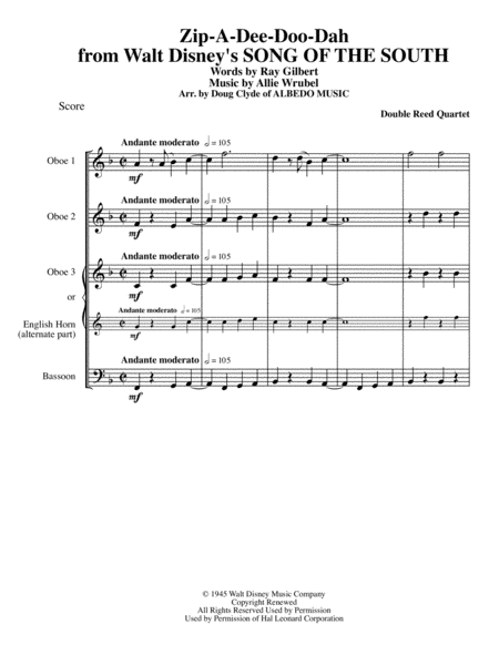 Zip A Dee Doo Dah From Walt Disneys Song Of The South For Double Reed Quartet Sheet Music