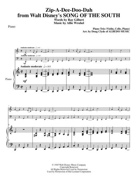 Zip A Dee Doo Dah From Walt Disneys Song Of The South For Piano Trio Sheet Music
