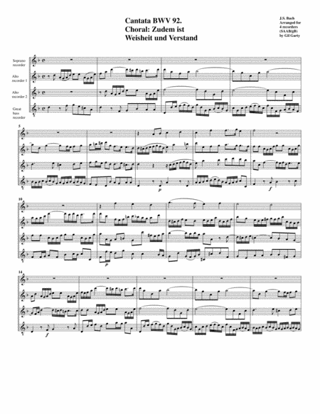 Free Sheet Music Zudem Ist Weisheit Und Verstand From Cantata Bwv 92 Arrangement For 4 Recorders