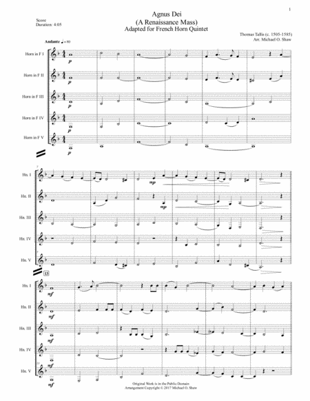 Agnes Dei A Renaissance Mass By Thomas Tallis For French Horn Quintet 5 Horns Page 2