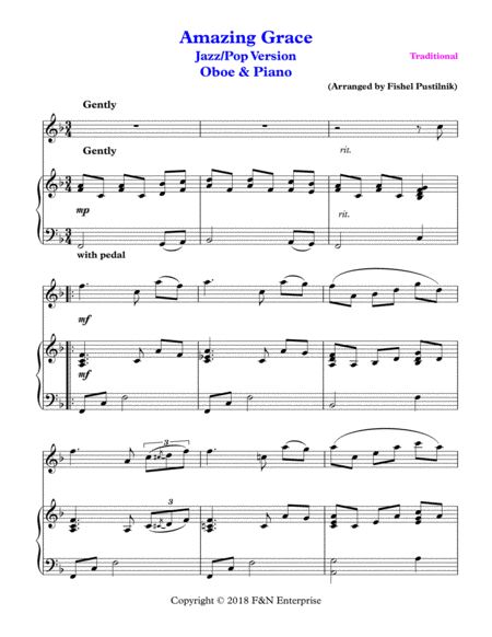 Amazing Grace Piano Background For Oboe And Piano Jazz Pop Version Page 2