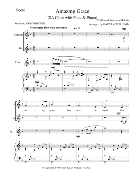 Amazing Grace Sa Choir With Flute Piano Score Parts Included Page 2