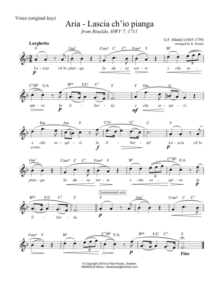 Aria Lascia Ch Io Pianga For Voice With Guitar Chords In F Major Lead Sheet Page 2