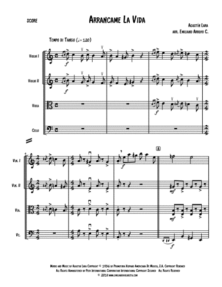 Arrncame La Vida By Agustn Lara For String Quartet Page 2