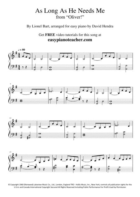 As Long As He Needs Me From Oliver Very Easy Piano With Free Video Tutorials Page 2