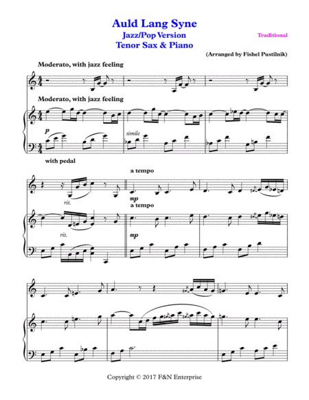 Auld Lang Syne Piano Background For Tenor Sax And Piano Page 2