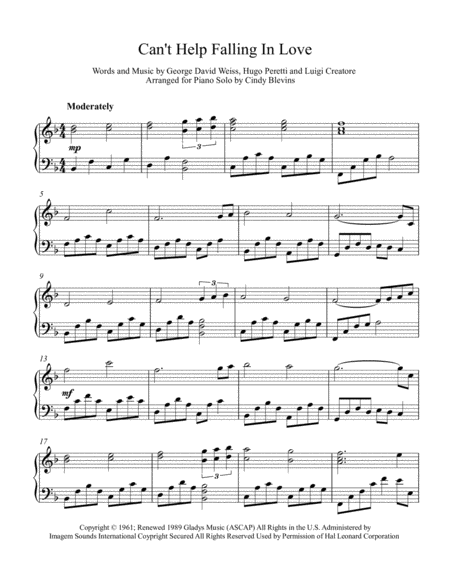 Cant Help Falling In Love Arranged For Piano Solo Page 2