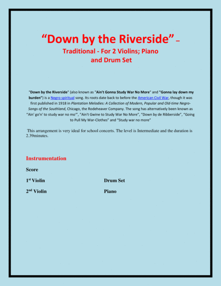 Down By The Riverside Traditional 2 Violins Piano And Drum Set Intermediate Level Page 2