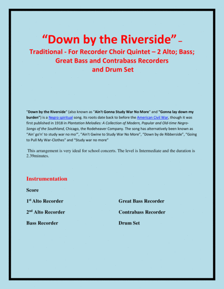 Down By The Riverside Traditional Recorder Choir Quintet And Drum Set 2 Alto Recorders Bass Recorder Great Bass Recorder Contrabass Recorder Intermedi Page 2