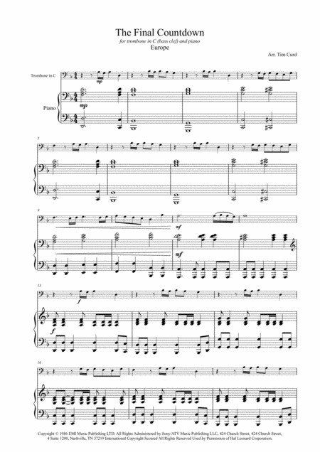 Final Countdown For Trombone Bass Clef In C And Piano Page 2