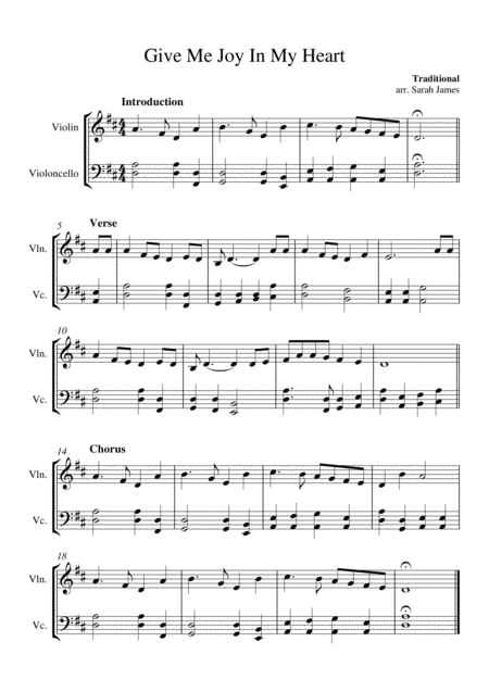 Give Me Joy In My Heart Violin Cello Arrangement By The Chapel Hill Duo Page 2