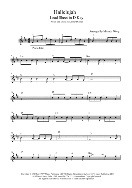 Hallelujah Lead Sheet In 3 Different Keys C A E With Chords Page 2