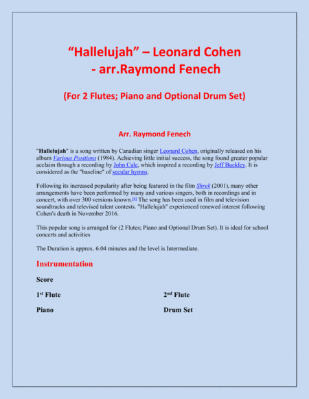 Hallelujah Leonard Cohen 2 Flutes And Piano With Optional Drum Set Page 2