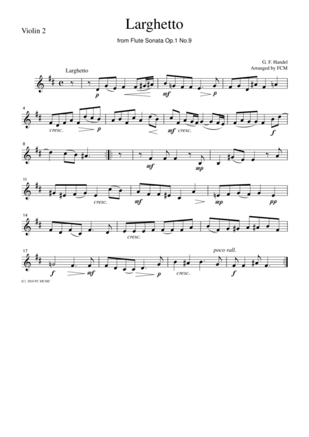 Handel Larghetto From Flute Sonata Op 1 No 9 For String Quartet Ch110 Page 2