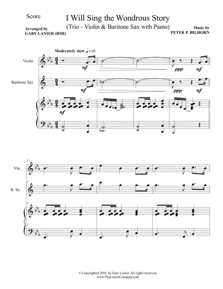 I Will Sing The Wondrous Story Trio Violin Baritone Sax With Piano And Parts Page 2