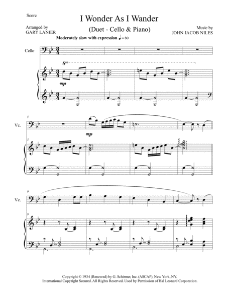 I Wonder As I Wander Duet Cello And Piano Score With Cello Part Page 2