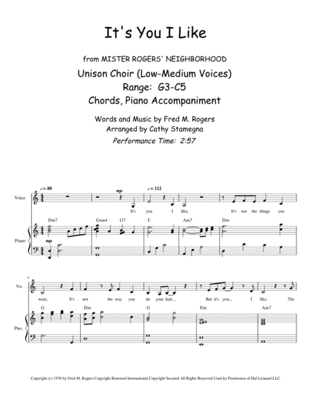 Its You I Like From Mister Rogers Neighborhood Unison Choir For Low Medium Voices Chords Piano Acc Page 2