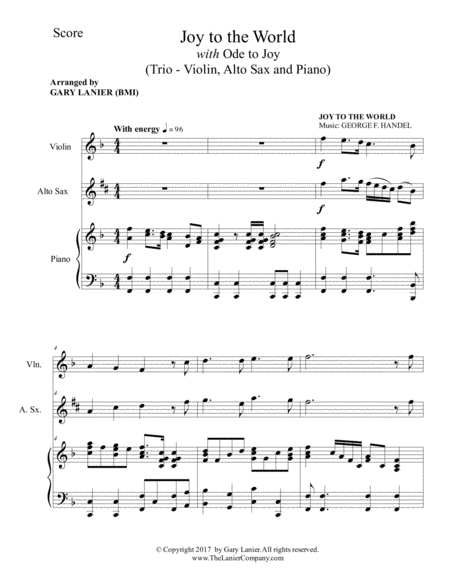Joy To The World With Ode To Joy Trio Violin Alto Sax With Piano Score Parts Page 2