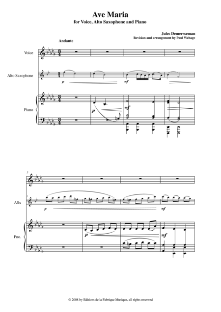 Jules Demersseman Ave Maria For Medium Voice Alto Saxophone And Piano Page 2