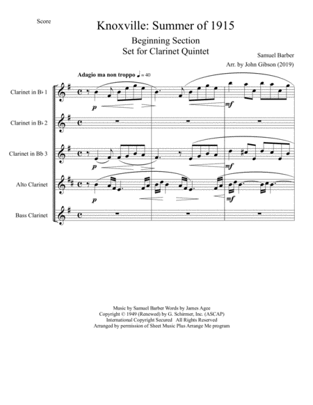 Knoxville Summer Of 1915 Beginning Portion Set For Clarinet Quintet Page 2