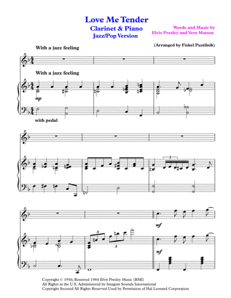 Love Me Tender For Clarinet And Piano Jazz Pop Version Page 2