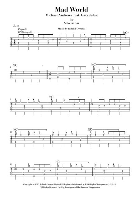Mad World For Solo Guitar Tablature Page 2