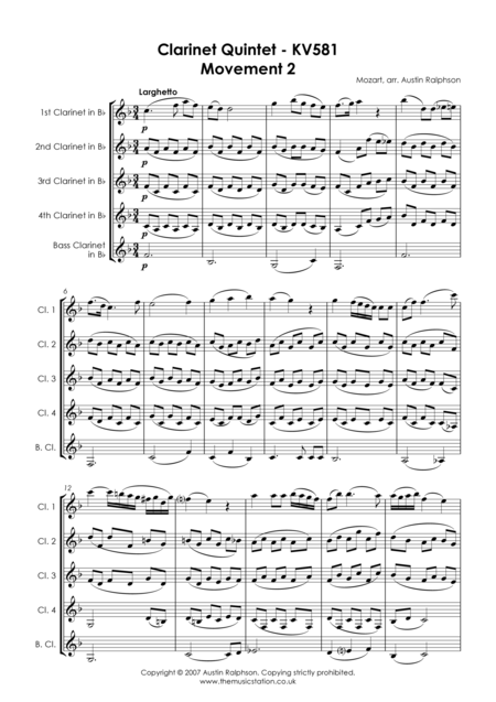 Mozart Clarinet Quintet Kv581 2nd Movement Clarinet Quintet Page 2