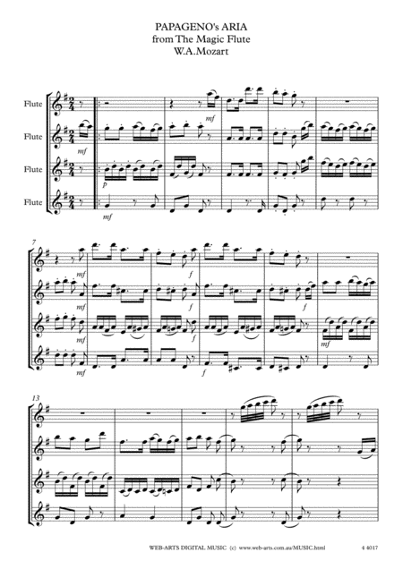 Mozart Papagenos Aria From The Magic Flute For 4 Flutes Page 2