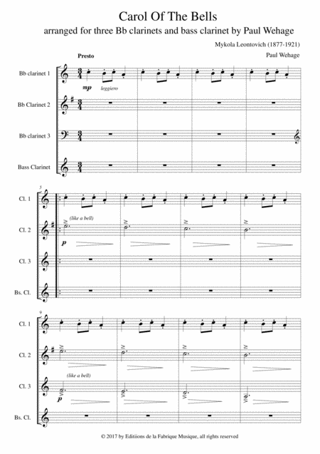 Mykola Leontovich Carol Of The Bells Arranged For Three Bb Clarinets And Bass Clarinet Page 2