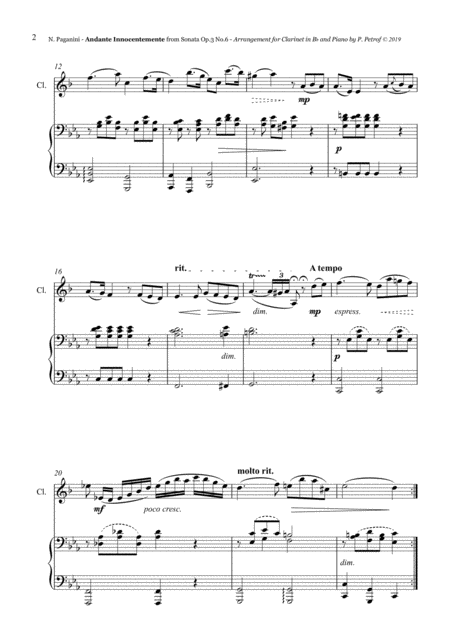 N Paganini Andante Innocentemente From Sonata Op 3 No 6 Clarinet In Bb And Piano Page 2