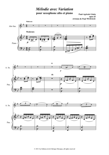 Paul Agricole Gnin Mlodie Avec Variation Opus 63 For Alto Saxophone And Piano Page 2